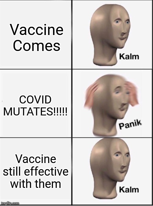 lel |  Vaccine Comes; COVID MUTATES!!!!! Vaccine still effective with them | image tagged in reverse kalm panik,memes,coronavirus,covid-19,vaccines | made w/ Imgflip meme maker