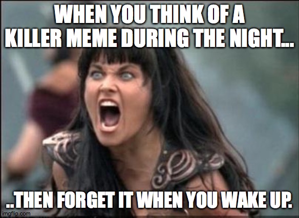 Angry Xena | WHEN YOU THINK OF A KILLER MEME DURING THE NIGHT... ..THEN FORGET IT WHEN YOU WAKE UP. | image tagged in angry xena | made w/ Imgflip meme maker