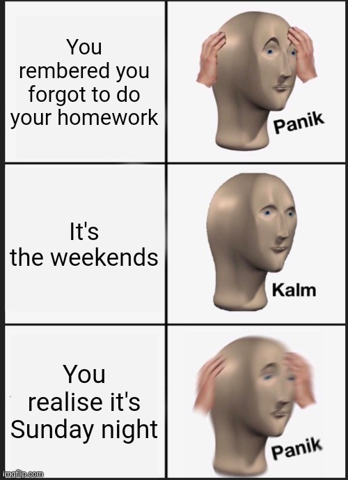 homework | You rembered you forgot to do your homework; It's the weekends; You realise it's Sunday night | image tagged in memes,panik kalm panik | made w/ Imgflip meme maker