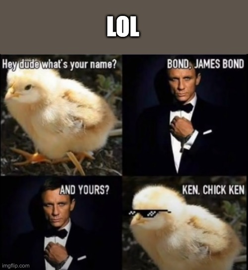 lol | LOL | image tagged in lol,meme,james bond,chicken,ken,lols | made w/ Imgflip meme maker