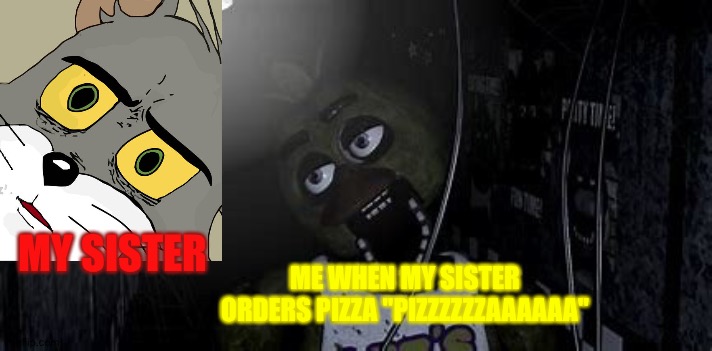 So true ?? | MY SISTER; ME WHEN MY SISTER ORDERS PIZZA "PIZZZZZZAAAAAA" | image tagged in fnaf,chica,lol | made w/ Imgflip meme maker