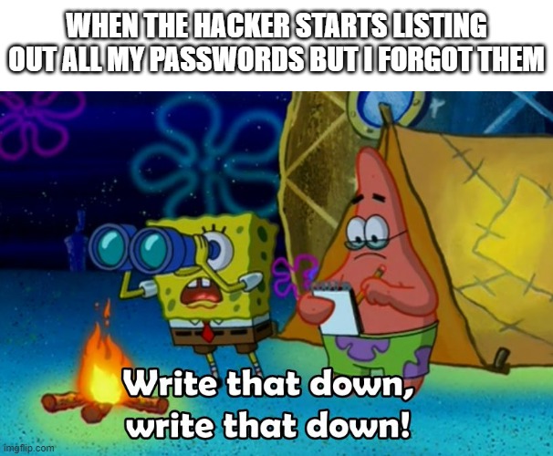 AHAAA! | WHEN THE HACKER STARTS LISTING OUT ALL MY PASSWORDS BUT I FORGOT THEM | image tagged in write that down | made w/ Imgflip meme maker