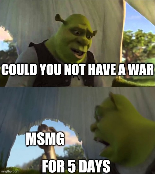 shrek five minutes | COULD YOU NOT HAVE A WAR; MSMG; FOR 5 DAYS | image tagged in shrek five minutes | made w/ Imgflip meme maker