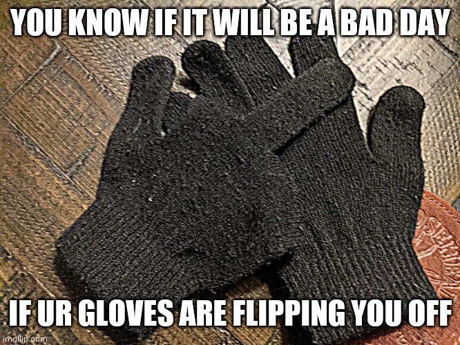 Is this some kind of sick joke?! (Btw this wasn't intentional) | YOU KNOW IF IT WILL BE A BAD DAY; IF UR GLOVES ARE FLIPPING YOU OFF | image tagged in gloveflipoff | made w/ Imgflip meme maker