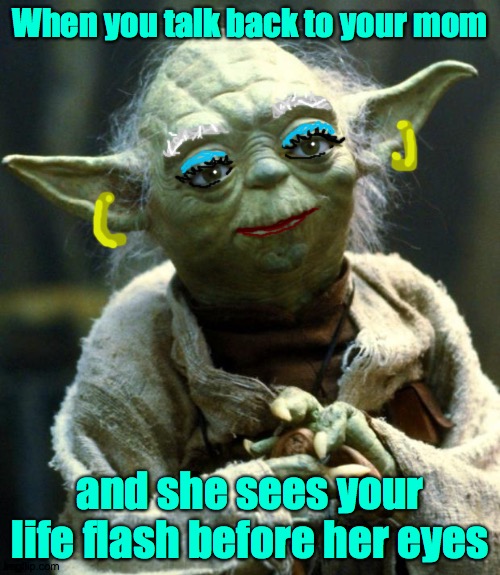 Twas at that moment... | When you talk back to your mom; and she sees your life flash before her eyes | image tagged in star wars yoda,mom,love,chankla,the force,bread | made w/ Imgflip meme maker