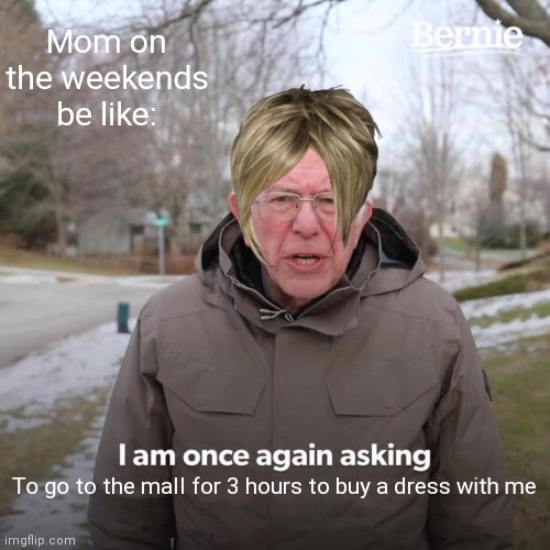 Bernie I Am Once Again Asking For Your Support Meme | Mom on the weekends be like:; To go to the mall for 3 hours to buy a dress with me | image tagged in memes,bernie i am once again asking for your support | made w/ Imgflip meme maker