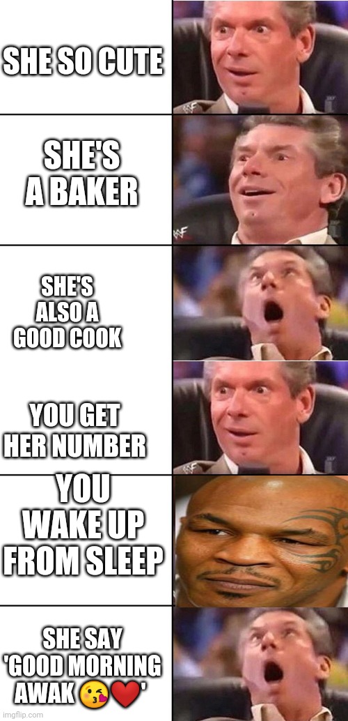 SHE SO CUTE; SHE'S A BAKER; SHE'S ALSO A GOOD COOK; YOU GET HER NUMBER; YOU WAKE UP FROM SLEEP; SHE SAY 'GOOD MORNING AWAK 😘❤️' | image tagged in vince mcmahon | made w/ Imgflip meme maker