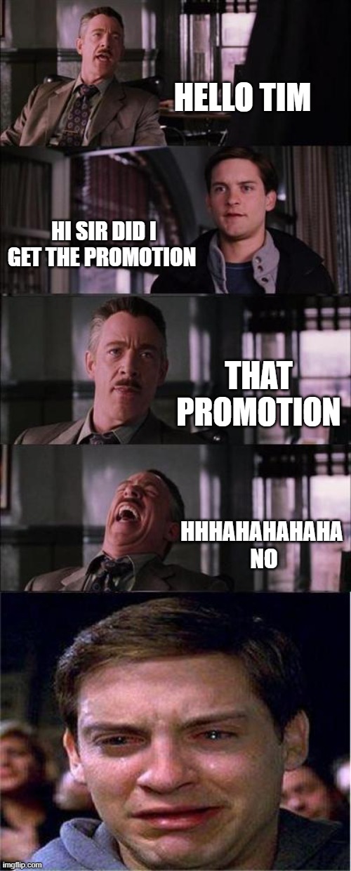 Peter Parker Cry | HELLO TIM; HI SIR DID I GET THE PROMOTION; THAT PROMOTION; HHHAHAHAHAHA  NO | image tagged in memes,peter parker cry | made w/ Imgflip meme maker