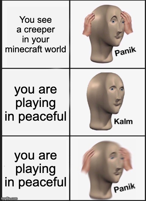 minecraft | You see a creeper in your minecraft world; you are playing in peaceful; you are playing in peaceful | image tagged in memes,panik kalm panik | made w/ Imgflip meme maker