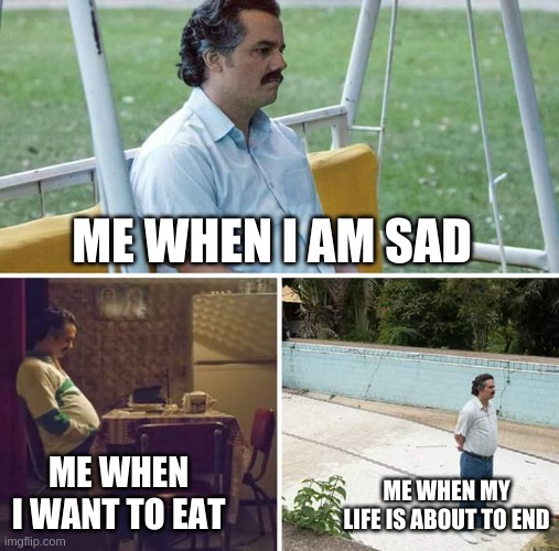 dknKSDhfzusdfusizjbgujebg-pop | ME WHEN I AM SAD; ME WHEN I WANT TO EAT; ME WHEN MY LIFE IS ABOUT TO END | image tagged in memes,sad pablo escobar | made w/ Imgflip meme maker