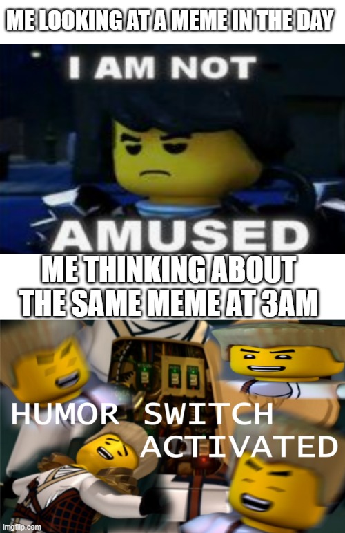Yep thats me | ME LOOKING AT A MEME IN THE DAY; ME THINKING ABOUT THE SAME MEME AT 3AM | image tagged in humor switch activated,i am not amused,ninjago | made w/ Imgflip meme maker