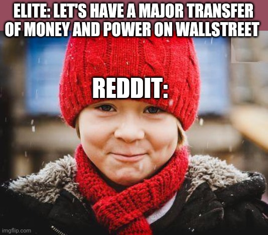 Politics and stuff | ELITE: LET'S HAVE A MAJOR TRANSFER OF MONEY AND POWER ON WALLSTREET; REDDIT: | image tagged in smirk | made w/ Imgflip meme maker