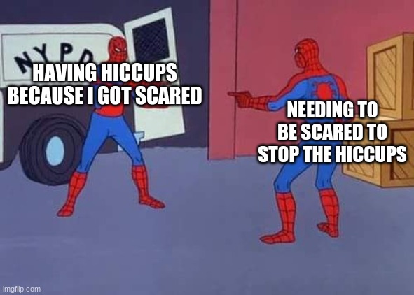 relatable? | HAVING HICCUPS BECAUSE I GOT SCARED; NEEDING TO BE SCARED TO STOP THE HICCUPS | image tagged in spiderman mirror | made w/ Imgflip meme maker