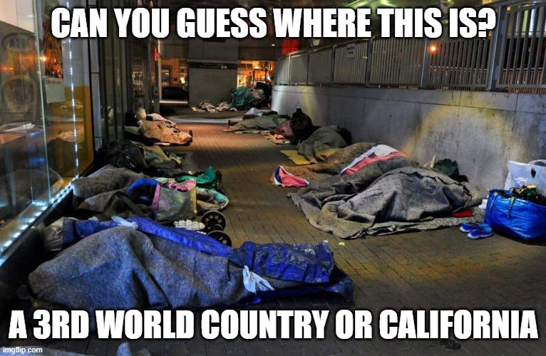 Homeless | CAN YOU GUESS WHERE THIS IS? A 3RD WORLD COUNTRY OR CALIFORNIA | image tagged in homeless | made w/ Imgflip meme maker