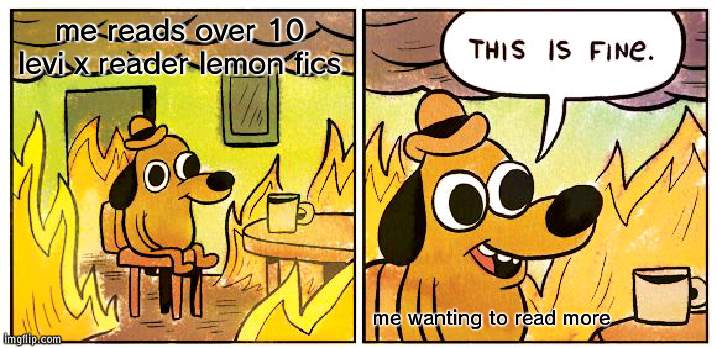 This Is Fine | me reads over 10 levi x reader lemon fics; me wanting to read more | image tagged in memes,this is fine | made w/ Imgflip meme maker