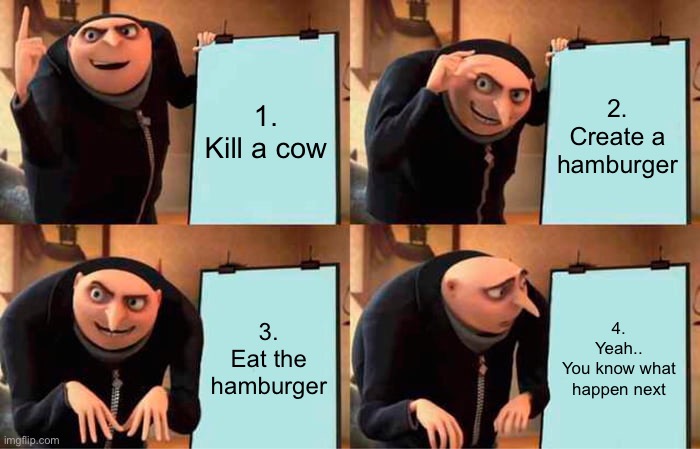 Gru's Plan | 1. Kill a cow; 2. Create a hamburger; 3. Eat the hamburger; 4. Yeah..
You know what happen next | image tagged in memes,gru's plan,fun,hamburger,to be continued | made w/ Imgflip meme maker