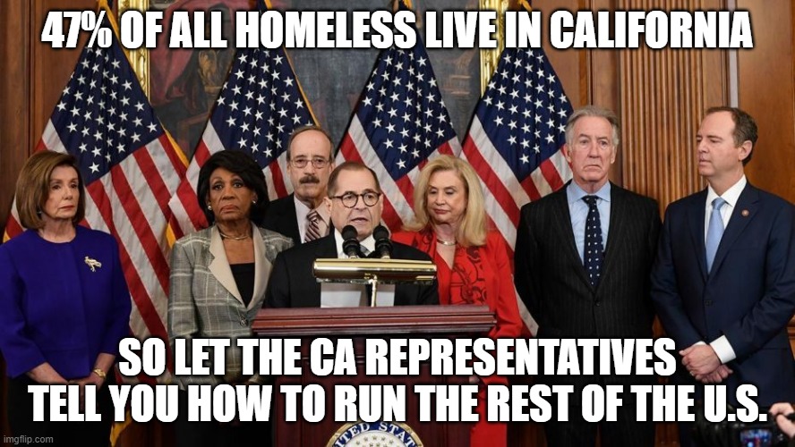 House Democrats | 47% OF ALL HOMELESS LIVE IN CALIFORNIA; SO LET THE CA REPRESENTATIVES TELL YOU HOW TO RUN THE REST OF THE U.S. | image tagged in house democrats | made w/ Imgflip meme maker