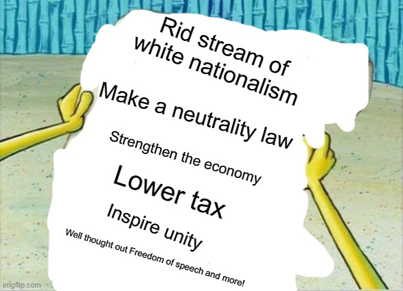 What I will do as the President | Rid stream of white nationalism; Make a neutrality law; Strengthen the economy; Lower tax; Inspire unity; Well thought out Freedom of speech and more! | image tagged in spongebob to do list,wubbzy,wubbzymon,president | made w/ Imgflip meme maker