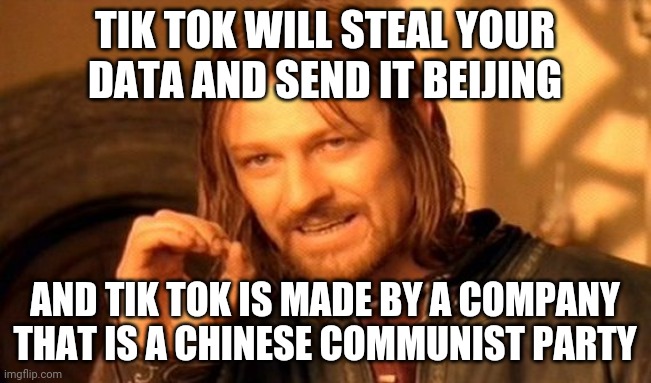 I heard this from a data expert | TIK TOK WILL STEAL YOUR DATA AND SEND IT BEIJING; AND TIK TOK IS MADE BY A COMPANY THAT IS A CHINESE COMMUNIST PARTY | image tagged in memes,one does not simply | made w/ Imgflip meme maker