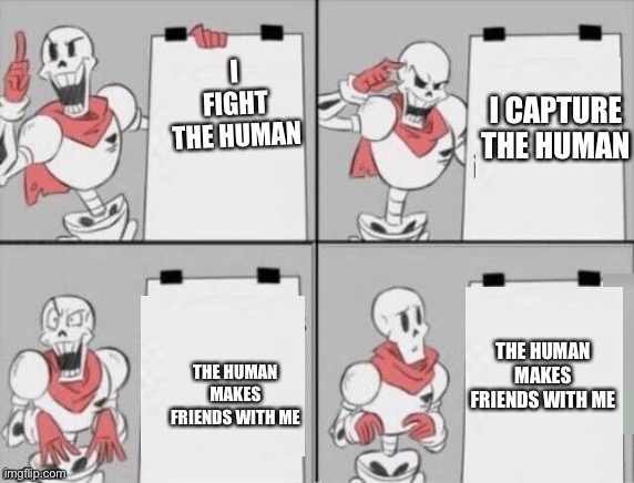 Frisk and sans did this | I CAPTURE THE HUMAN; I FIGHT THE HUMAN; THE HUMAN MAKES FRIENDS WITH ME; THE HUMAN MAKES FRIENDS WITH ME | image tagged in papyrus plan | made w/ Imgflip meme maker