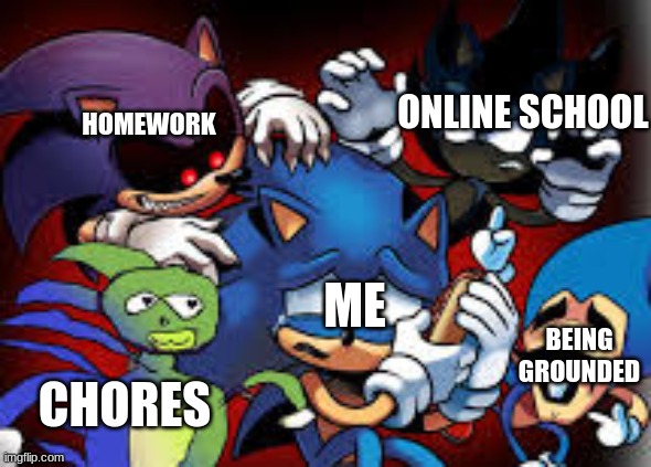 why must you hurt me in this way | ONLINE SCHOOL; HOMEWORK; ME; BEING GROUNDED; CHORES | image tagged in memes | made w/ Imgflip meme maker