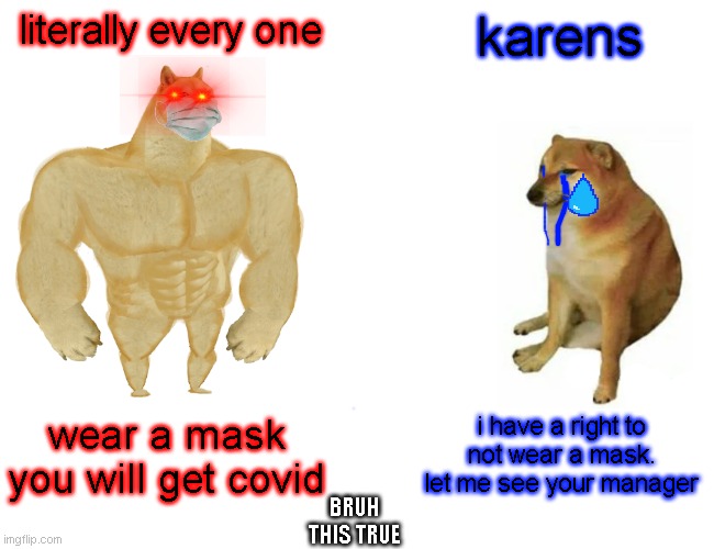 Buff Doge vs. Cheems | literally every one; karens; wear a mask you will get covid; i have a right to not wear a mask. let me see your manager; BRUH THIS TRUE | image tagged in memes,buff doge vs cheems,omg karen | made w/ Imgflip meme maker