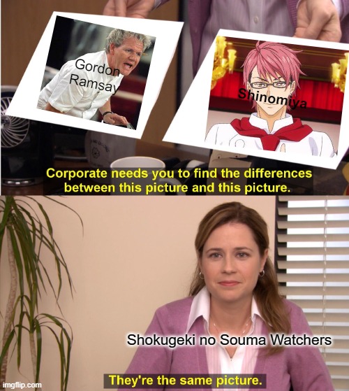 Shinomiya/Gordon Ramsay | Gordon Ramsay; Shinomiya; Shokugeki no Souma Watchers | image tagged in memes,they're the same picture | made w/ Imgflip meme maker