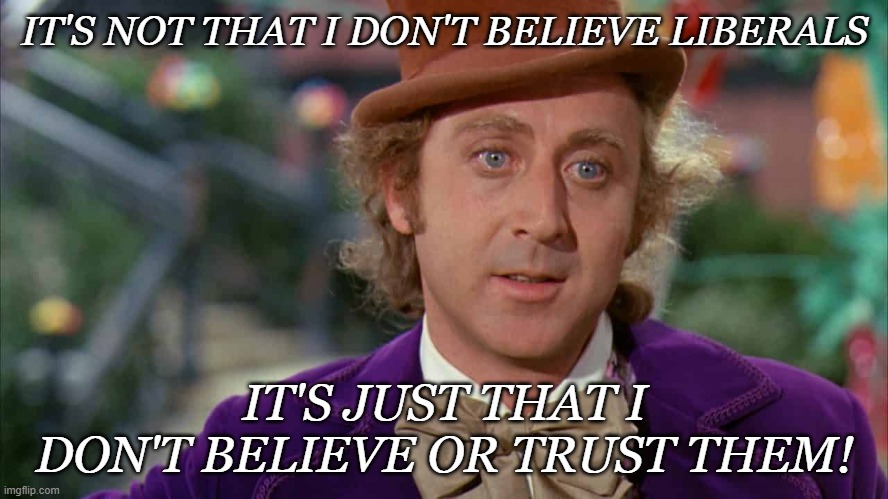 IT'S NOT THAT I DON'T BELIEVE LIBERALS; IT'S JUST THAT I DON'T BELIEVE OR TRUST THEM! | image tagged in willie wonka | made w/ Imgflip meme maker