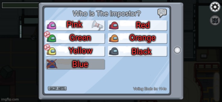 Among us but everyone is imposter | Pink; Red; Green; Orange; Yellow; Black; Blue | image tagged in among us voting | made w/ Imgflip meme maker