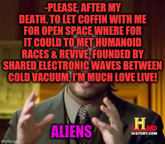 -Setting borders. | -PLEASE, AFTER MY DEATH, TO LET COFFIN WITH ME FOR OPEN SPACE WHERE FOR IT COULD TO MET HUMANOID RACES & REVIVE, FOUNDED BY SHARED ELECTRONIC WAVES BETWEEN COLD VACUUM, I'M MUCH LOVE LIVE! ALIENS | image tagged in memes,ancient aliens,i love you,real life,safe space,2017 memes in review | made w/ Imgflip meme maker