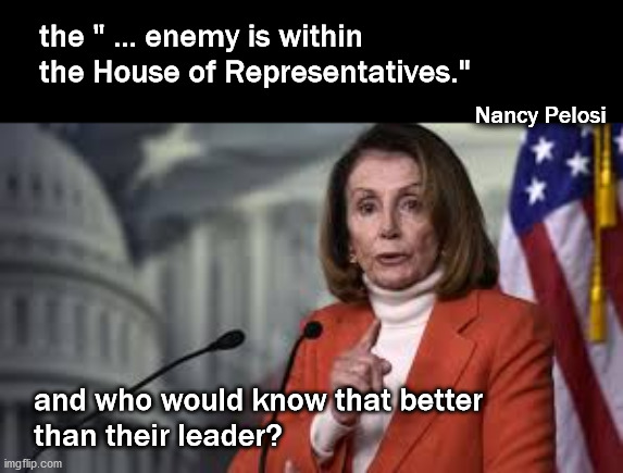 the enemy is within the House | the " ... enemy is within 
the House of Representatives."; Nancy Pelosi; and who would know that better 
than their leader? | image tagged in politics | made w/ Imgflip meme maker