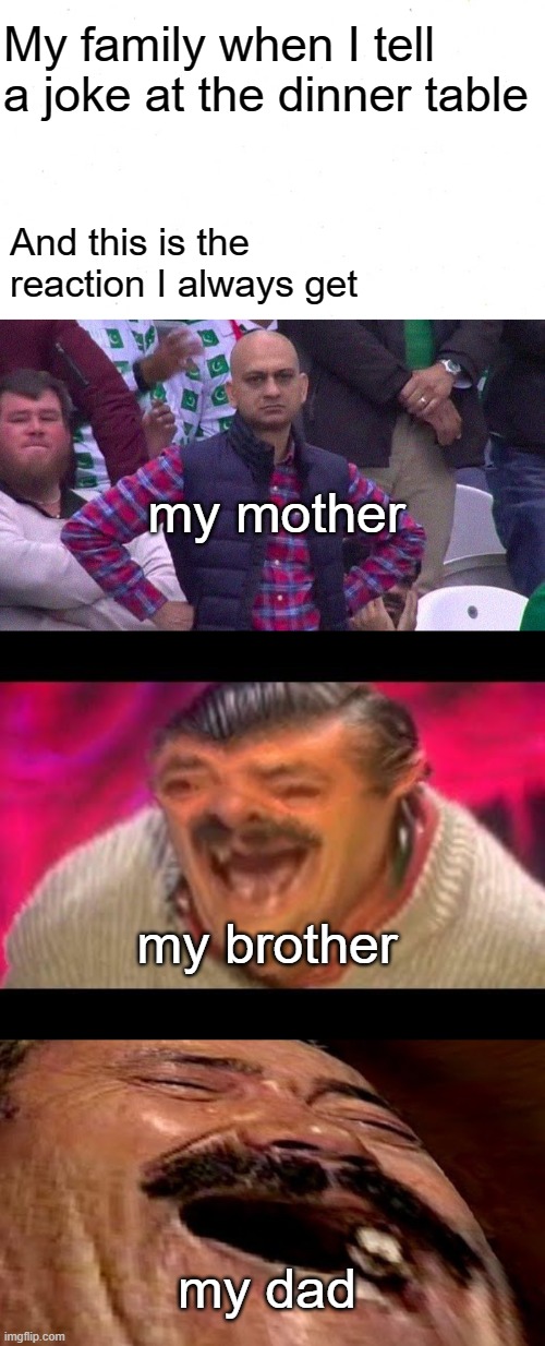 dis is true | My family when I tell a joke at the dinner table; And this is the reaction I always get; my mother; my brother; my dad | image tagged in funny meme | made w/ Imgflip meme maker