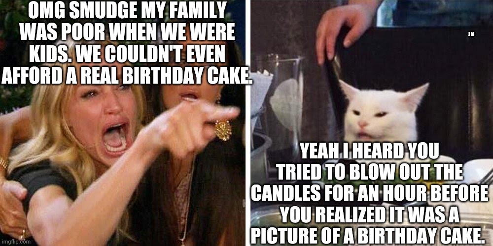 Smudge the cat | OMG SMUDGE MY FAMILY WAS POOR WHEN WE WERE KIDS. WE COULDN'T EVEN AFFORD A REAL BIRTHDAY CAKE. J M; YEAH I HEARD YOU TRIED TO BLOW OUT THE CANDLES FOR AN HOUR BEFORE YOU REALIZED IT WAS A PICTURE OF A BIRTHDAY CAKE. | image tagged in smudge the cat | made w/ Imgflip meme maker