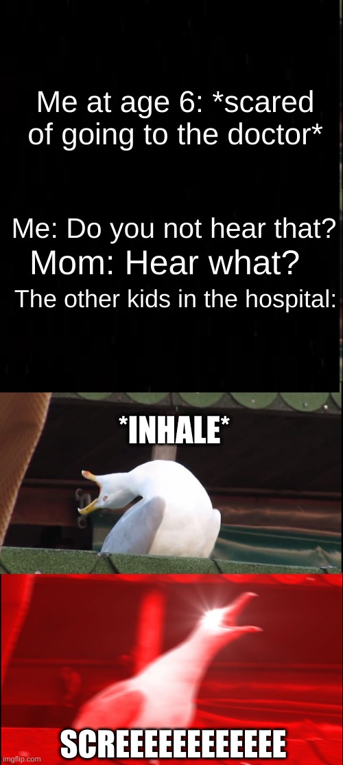 S C R E E E E E | Me at age 6: *scared of going to the doctor*; Me: Do you not hear that? Mom: Hear what? The other kids in the hospital:; *INHALE*; SCREEEEEEEEEEEE | image tagged in childhood,inhaling seagull,hospital,annoying people,relatable | made w/ Imgflip meme maker