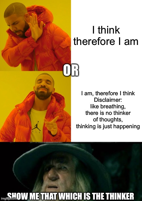 I think therefore I am I am, therefore I think
Disclaimer: like breathing, there is no thinker of thoughts, thinking is just happening OR SH | image tagged in memes,drake hotline bling,confused gandalf | made w/ Imgflip meme maker