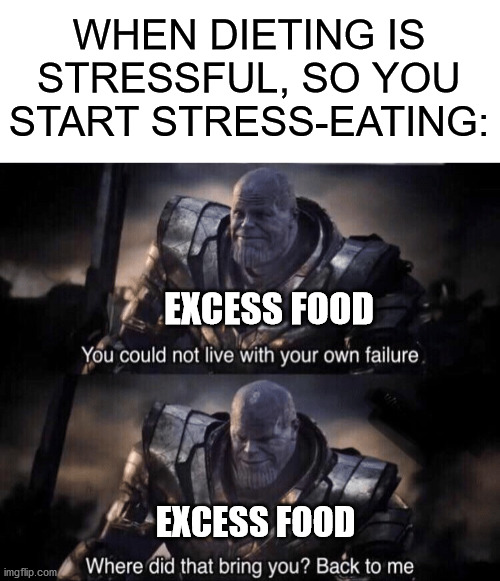 Who can resist cake??? | WHEN DIETING IS STRESSFUL, SO YOU START STRESS-EATING:; EXCESS FOOD; EXCESS FOOD | image tagged in marvel,thanos you could not live with your own failure | made w/ Imgflip meme maker