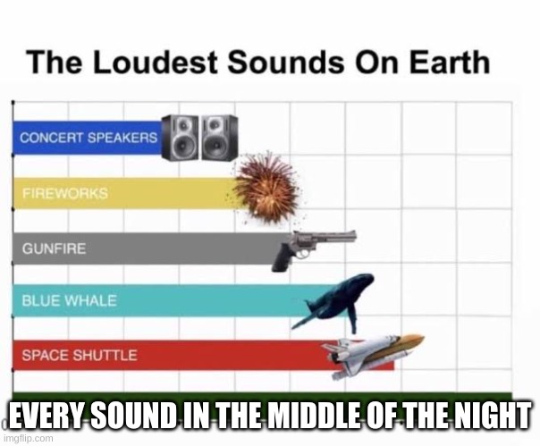 The Loudest Sounds on Earth | EVERY SOUND IN THE MIDDLE OF THE NIGHT | image tagged in the loudest sounds on earth | made w/ Imgflip meme maker