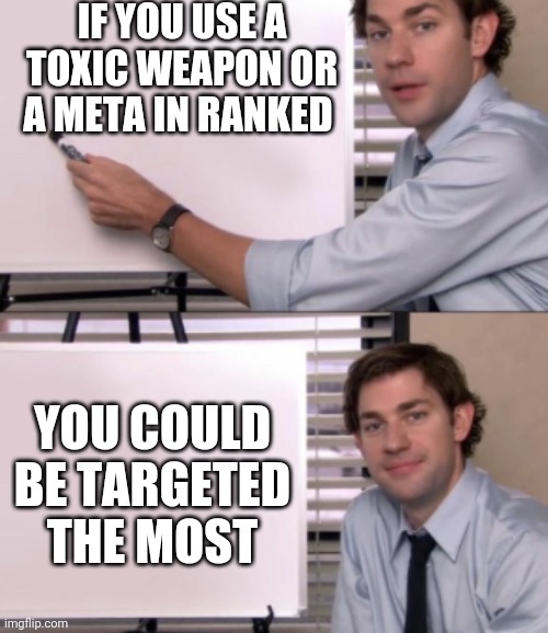 Jim Halpert White board template | IF YOU USE A TOXIC WEAPON OR A META IN RANKED; YOU COULD BE TARGETED THE MOST | image tagged in jim halpert white board template | made w/ Imgflip meme maker