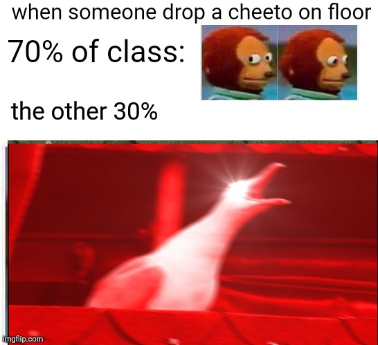 when someone drop a cheeto on floor; 70% of class:; the other 30% | image tagged in memes,monkey puppet | made w/ Imgflip meme maker