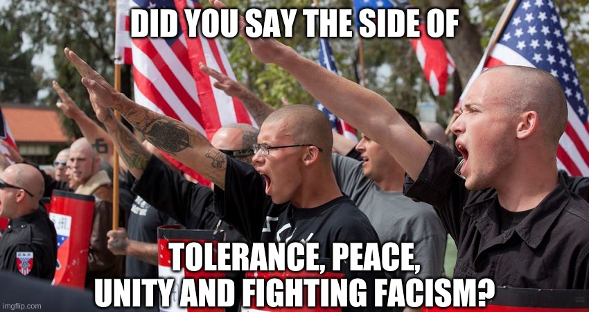 Neo Nazis | DID YOU SAY THE SIDE OF TOLERANCE, PEACE, UNITY AND FIGHTING FACISM? | image tagged in neo nazis | made w/ Imgflip meme maker
