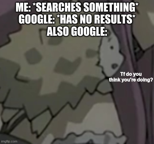Tf do you think you're doing? | ME: *SEARCHES SOMETHING*
GOOGLE: *HAS NO RESULTS*
ALSO GOOGLE: | image tagged in tf do you think you're doing | made w/ Imgflip meme maker