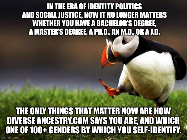 Identity politics qualifications | IN THE ERA OF IDENTITY POLITICS AND SOCIAL JUSTICE, NOW IT NO LONGER MATTERS WHETHER YOU HAVE A BACHELOR’S DEGREE, A MASTER’S DEGREE, A PH.D., AN M.D., OR A J.D. THE ONLY THINGS THAT MATTER NOW ARE HOW DIVERSE ANCESTRY.COM SAYS YOU ARE, AND WHICH ONE OF 100+ GENDERS BY WHICH YOU SELF-IDENTIFY. | image tagged in memes,unpopular opinion puffin,identity politics,gender,race,social justice | made w/ Imgflip meme maker