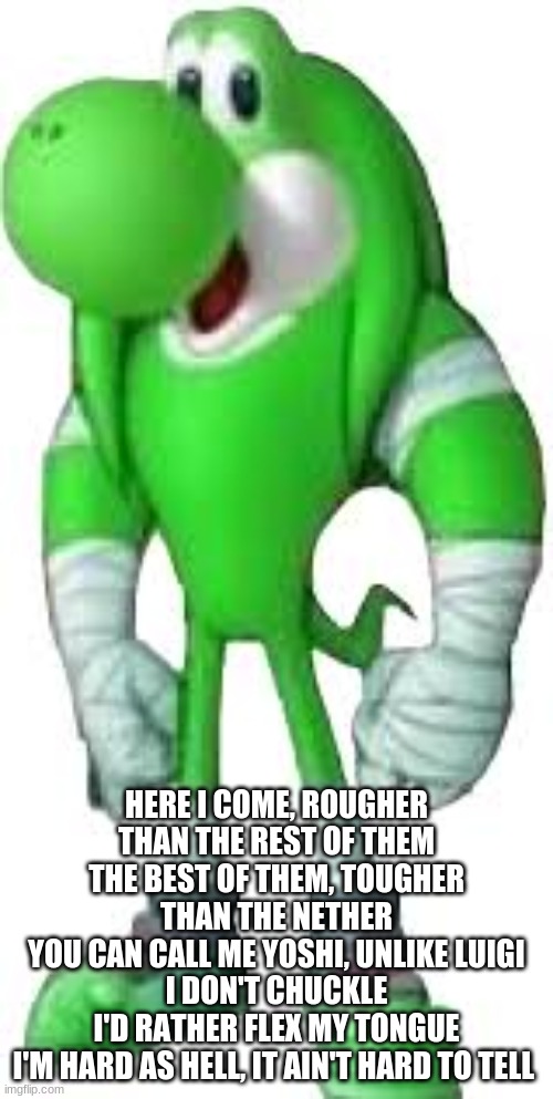 HERE I COME, ROUGHER THAN THE REST OF THEM
THE BEST OF THEM, TOUGHER THAN THE NETHER
YOU CAN CALL ME YOSHI, UNLIKE LUIGI I DON'T CHUCKLE
I'D RATHER FLEX MY TONGUE
I'M HARD AS HELL, IT AIN'T HARD TO TELL | made w/ Imgflip meme maker