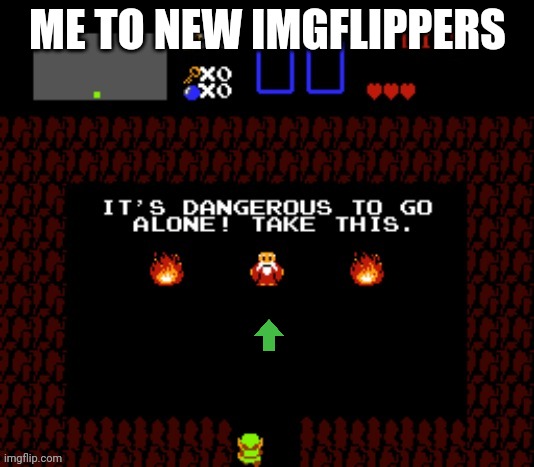 It's dangerous to go alone. Take this ______ | ME TO NEW IMGFLIPPERS | image tagged in it's dangerous to go alone take this ______ | made w/ Imgflip meme maker