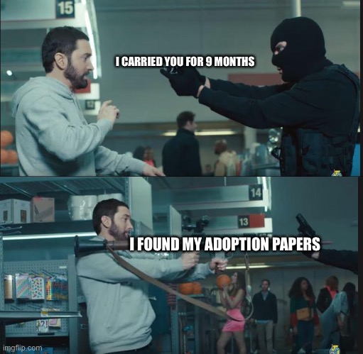 eminem rocket launcher |  I CARRIED YOU FOR 9 MONTHS; I FOUND MY ADOPTION PAPERS | image tagged in eminem rocket launcher | made w/ Imgflip meme maker