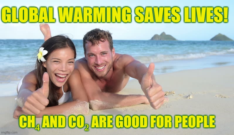 Global Warming saves lives! | GLOBAL WARMING SAVES LIVES! CH₄ AND CO₂ ARE GOOD FOR PEOPLE | image tagged in thumbs up beach,global warming,thumbs up,methane,carbon dioxide,climate change | made w/ Imgflip meme maker