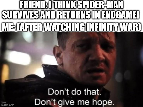 Peter's death was so sad in Infinity War. I was so happy when they brought him back in Endgame! | FRIEND: I THINK SPIDER-MAN SURVIVES AND RETURNS IN ENDGAME! ME: (AFTER WATCHING INFINITY WAR) | image tagged in hawkeye ''don't give me hope'',avengers infinity war,avengers endgame | made w/ Imgflip meme maker
