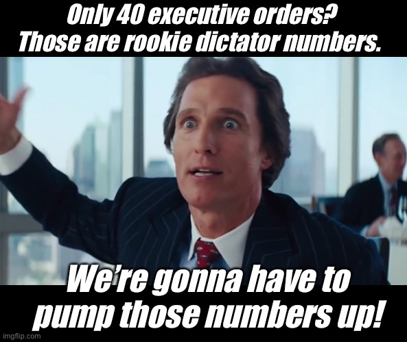 Wolf of dictators | Only 40 executive orders?
Those are rookie dictator numbers. We’re gonna have to pump those numbers up! | image tagged in matthew mcconaughey wolf of wall street hd large,joe biden,memes,politics suck,government corruption | made w/ Imgflip meme maker