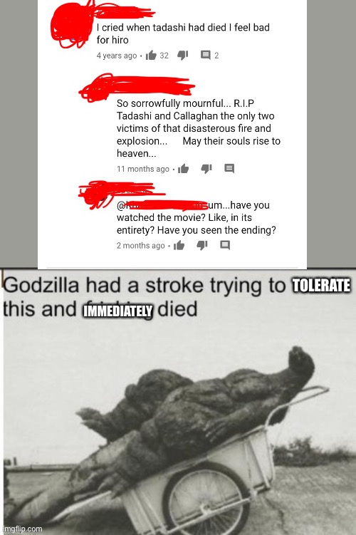 Lol. He tried to understand the first reply to the comment (not the second) | TOLERATE; IMMEDIATELY | image tagged in godzilla had a stroke trying to read this and fricking died,disney | made w/ Imgflip meme maker
