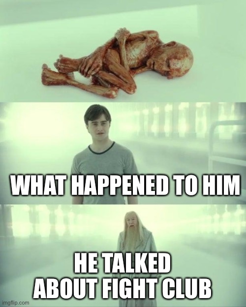 Dead Baby Voldemort / What Happened To Him | WHAT HAPPENED TO HIM HE TALKED ABOUT FIGHT CLUB | image tagged in dead baby voldemort / what happened to him | made w/ Imgflip meme maker